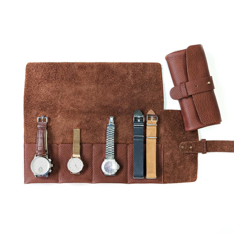Leather Watch Roll - Large / Brick Red - The Black Canvas