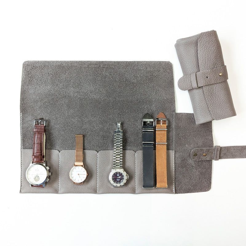 Leather Watch Roll - Large / Cloud Grey - The Black Canvas
