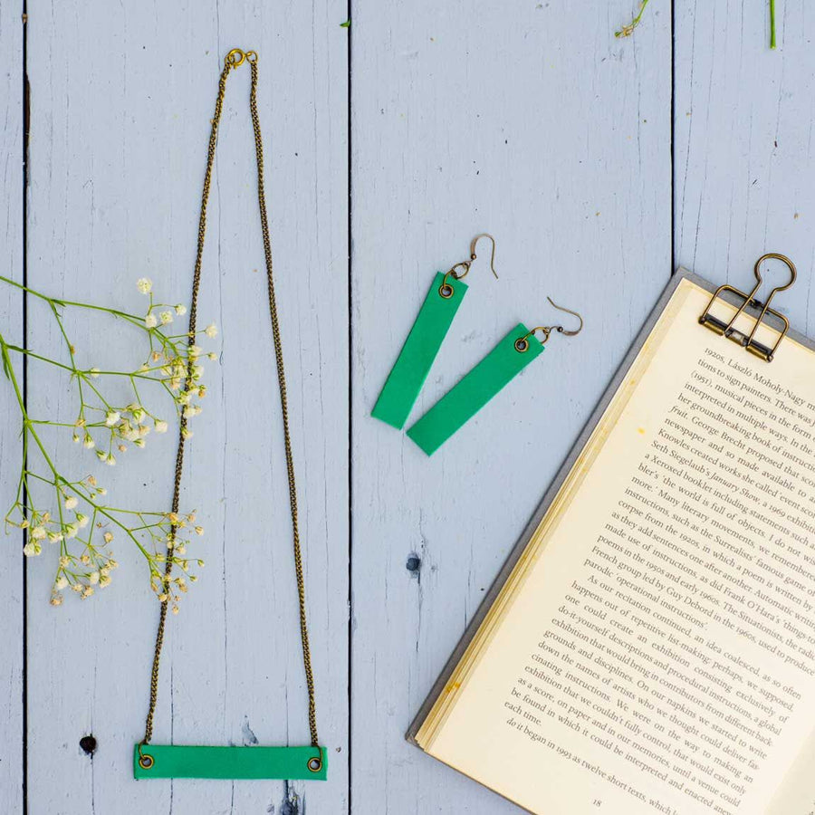 Leaf Green minimalist rectangular leather neck piece and earrings