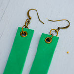 Leaf green minimalist rectangular leather earrings with antique hooks