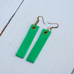 Leaf green minimalist rectangular leather earrings side view
