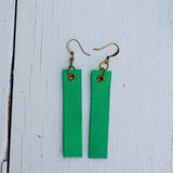Leaf green minimalist rectangular leather earrings front top view