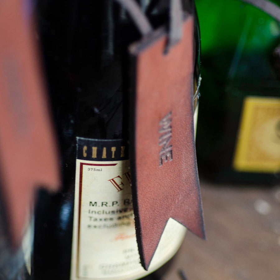 Leather laser engraved bottle tag wine