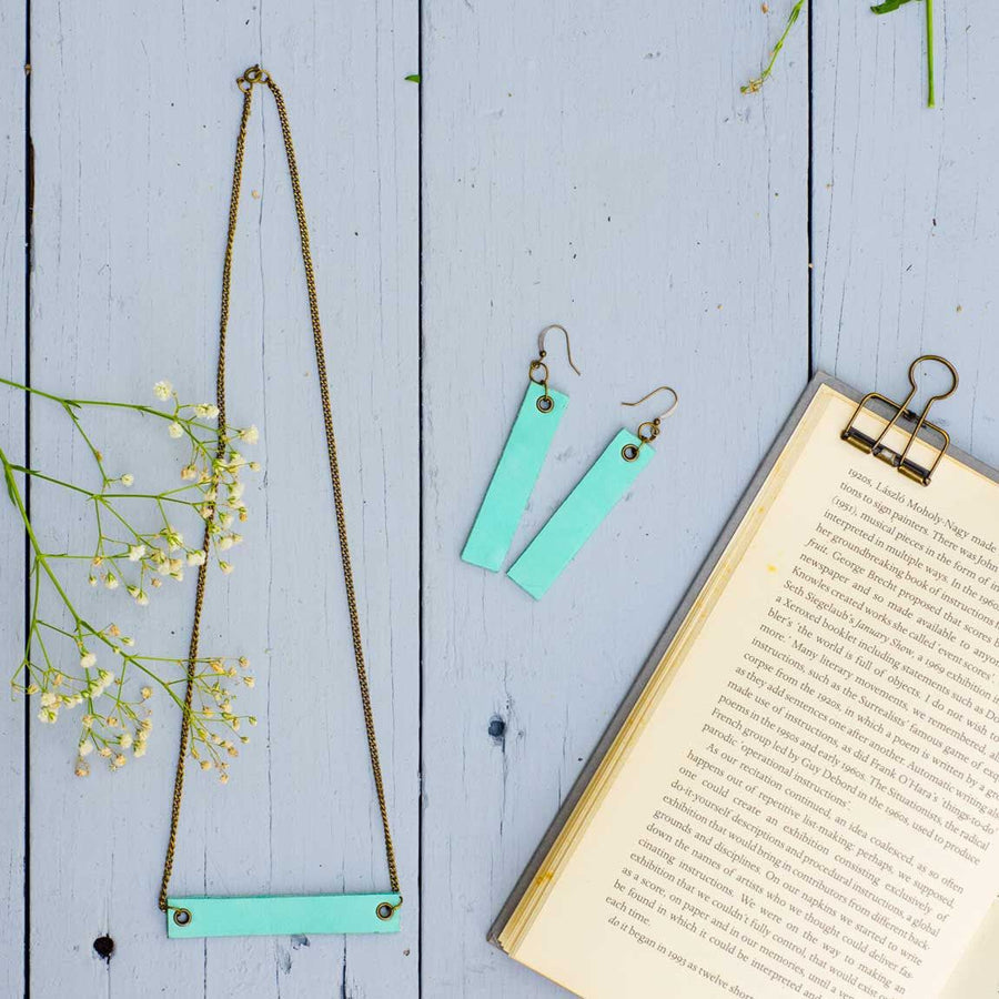 Mint colored minimalist rectangular leather neck piece and earrings