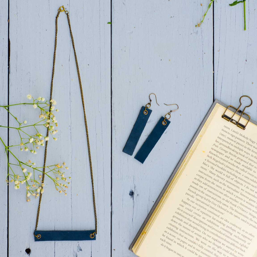 Navy blue minimalist rectangular leather neck piece and earrings