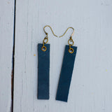 navy blue minimalist rectangular leather earrings front top view