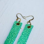 sea green minimalist rectangular textured leather earrings with antique details