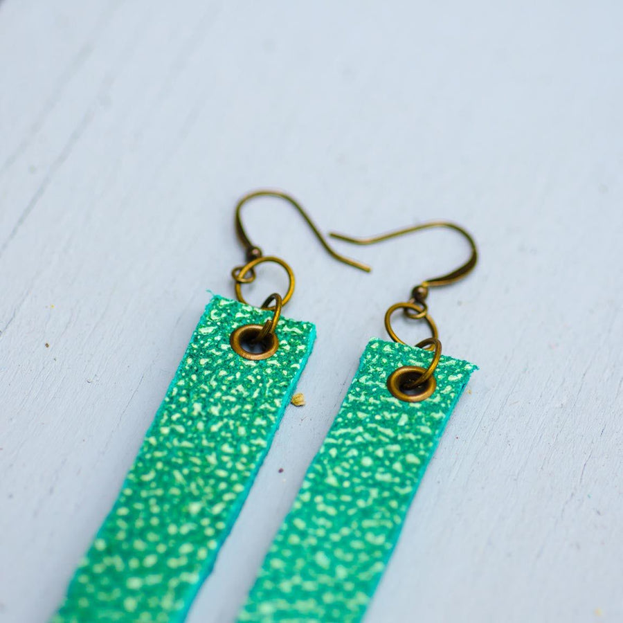 sea green minimalist rectangular textured leather earrings with antique details