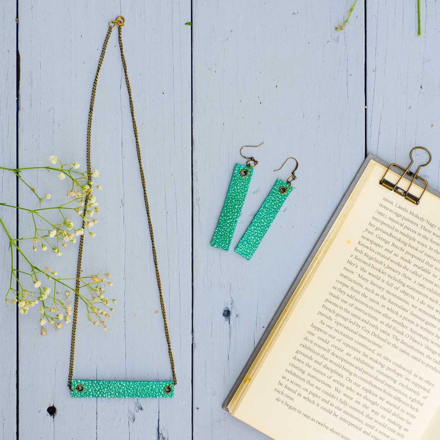 Sea Green minimalist rectangular textured leather neck piece and earrings
