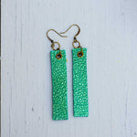 sea green minimalist rectangular textured leather earrings front top view