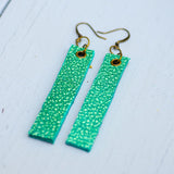 sea green minimalist rectangular textured leather earrings with antique hooks, side view