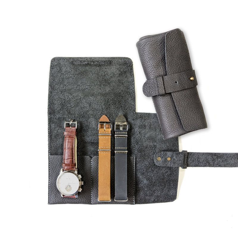Leather Watch Roll - Small / Slate Grey - The Black Canvas
