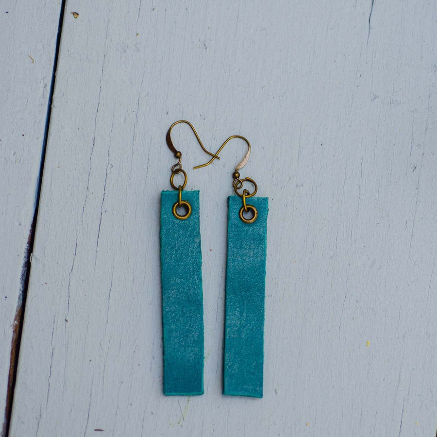 turqouise minimalist rectangular leather earrings front top view